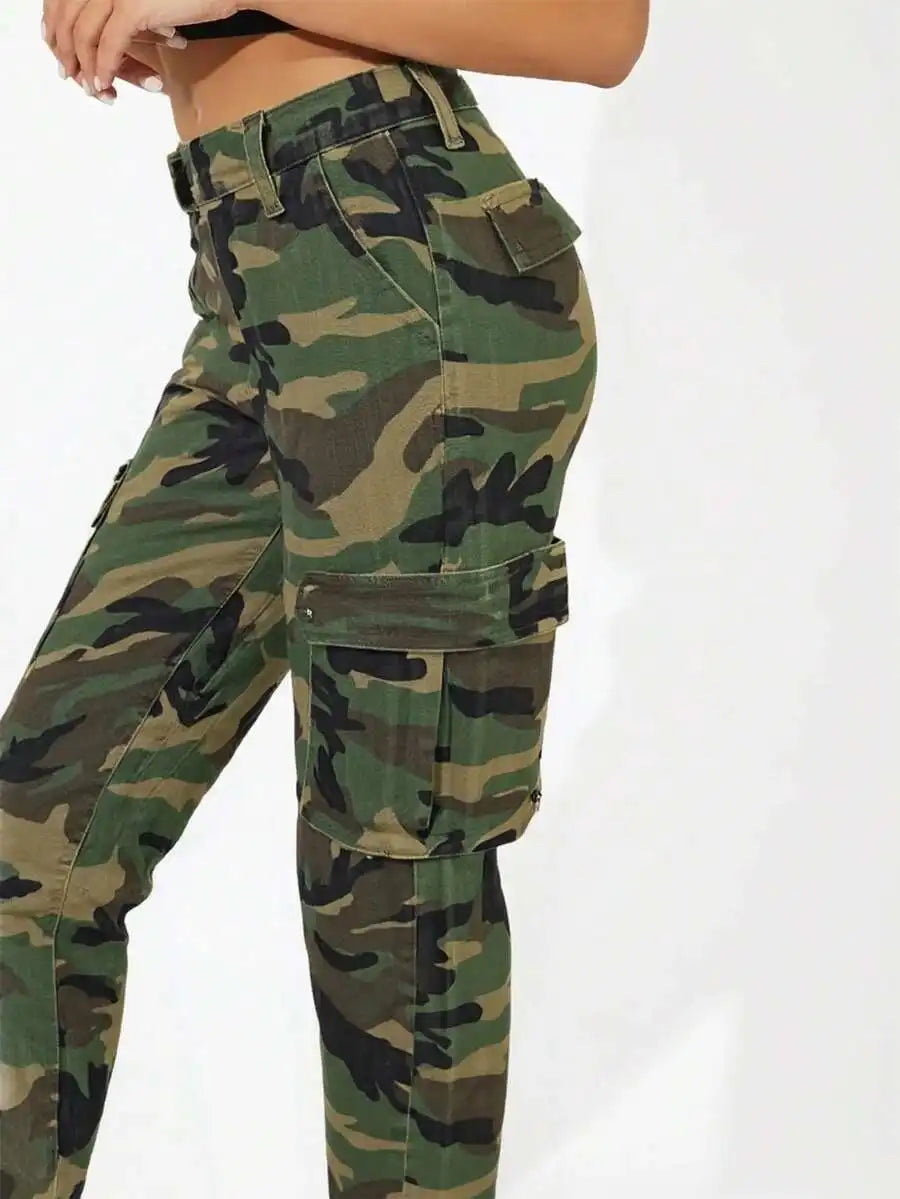 Women Camo Cargo Jeans Stretch Denim Pants With Multi Pockets