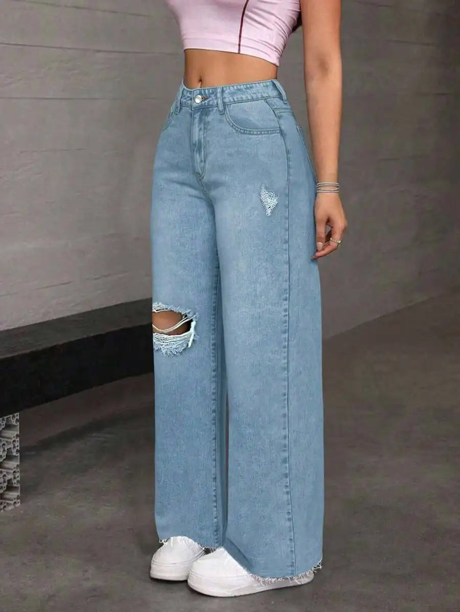 Womens High Waist Ripped Denim Jeans Straight Leg Streetwear