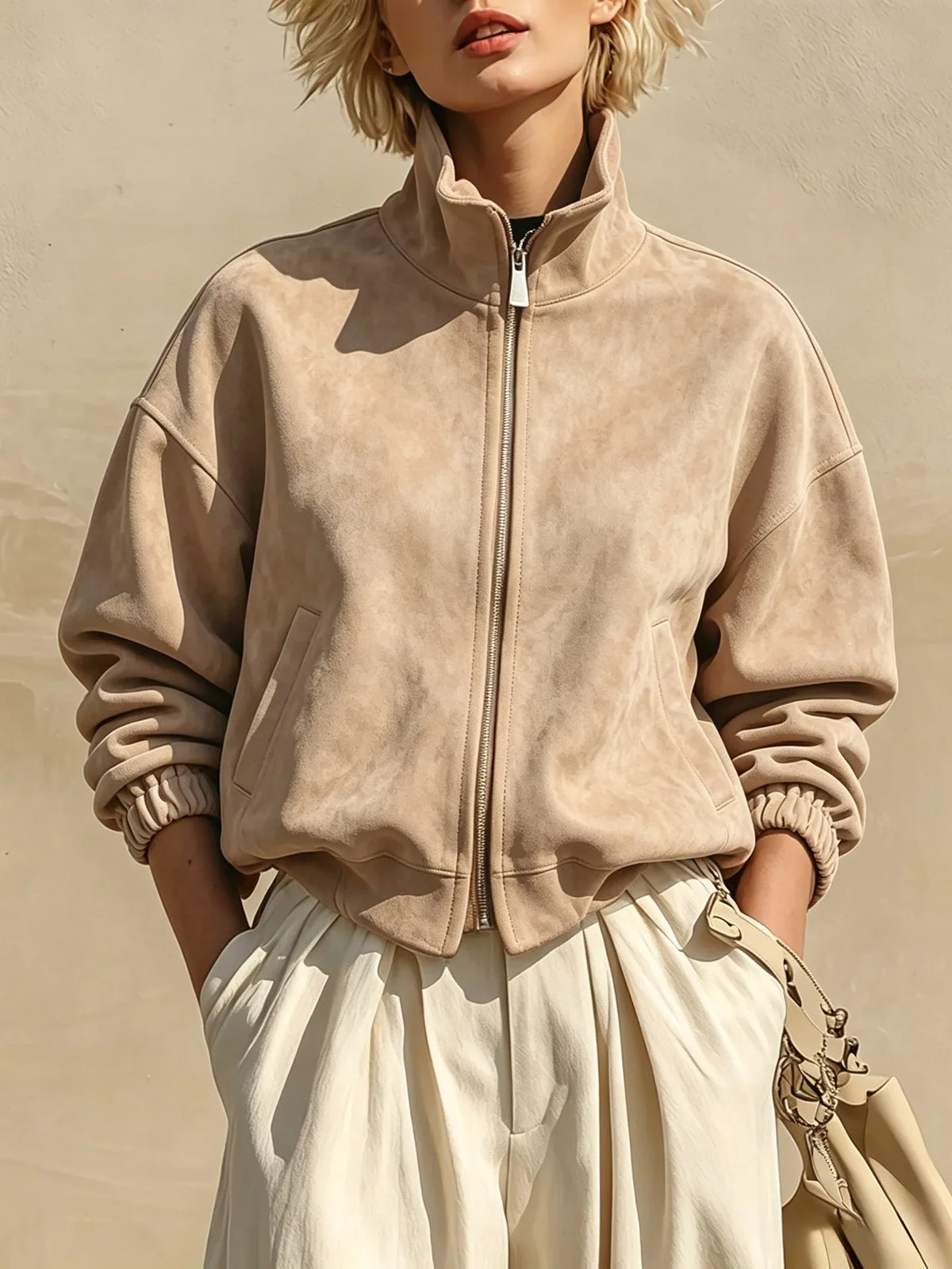 Women's Retro Suede Style Stand Collar Zipper Jacket Cinched Sleeves