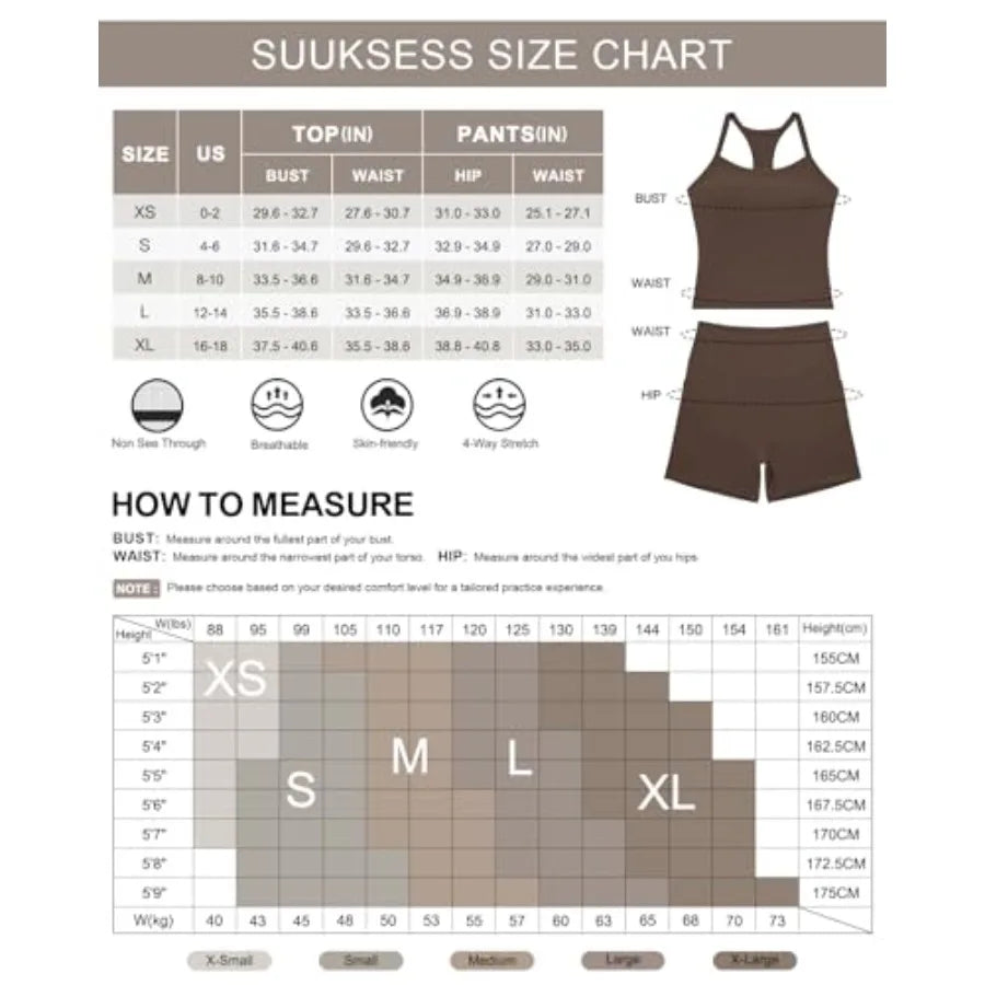 SUUKSESS Women 2 Pcs Workout Sets High Waisted Biker Shorts with Pockets Built in bra Racerback Tank Tops