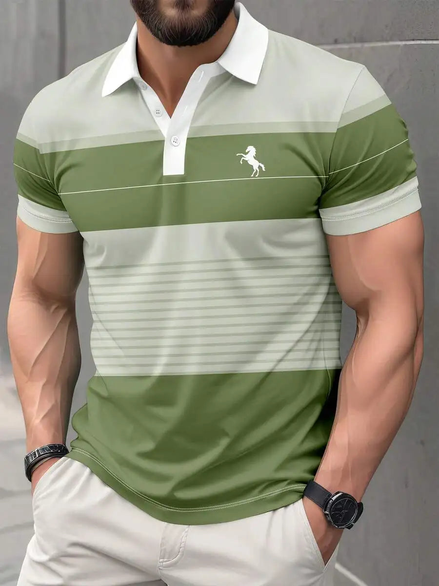 Men's Casual Striped Short Sleeve Polo Shirt with Horse Logo