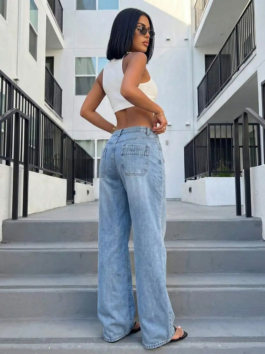 Womens High Waist Wide Leg Jeans Vintage Casual Street Style Denim Pants