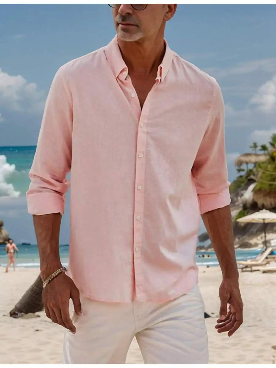 Mens Cotton Linen Button Down Shirt Solid Color Casual Long Sleeve Beach Shirt