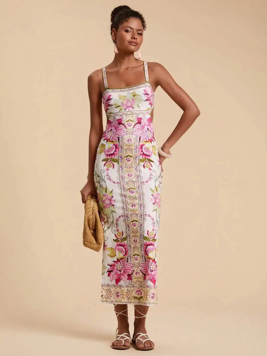 Womens Floral Print Fitted Spaghetti Strap Dress For Beach Party