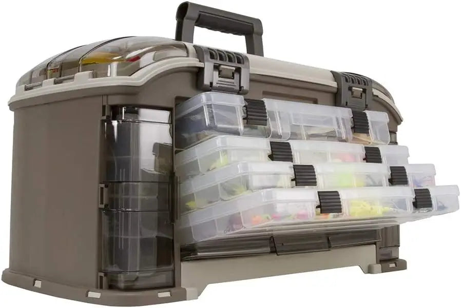 15° Angled Tackle Box System with 7 Waterproof Utility Boxes, Fishing Storage Case, Non-Skid Base, Lockable Latches