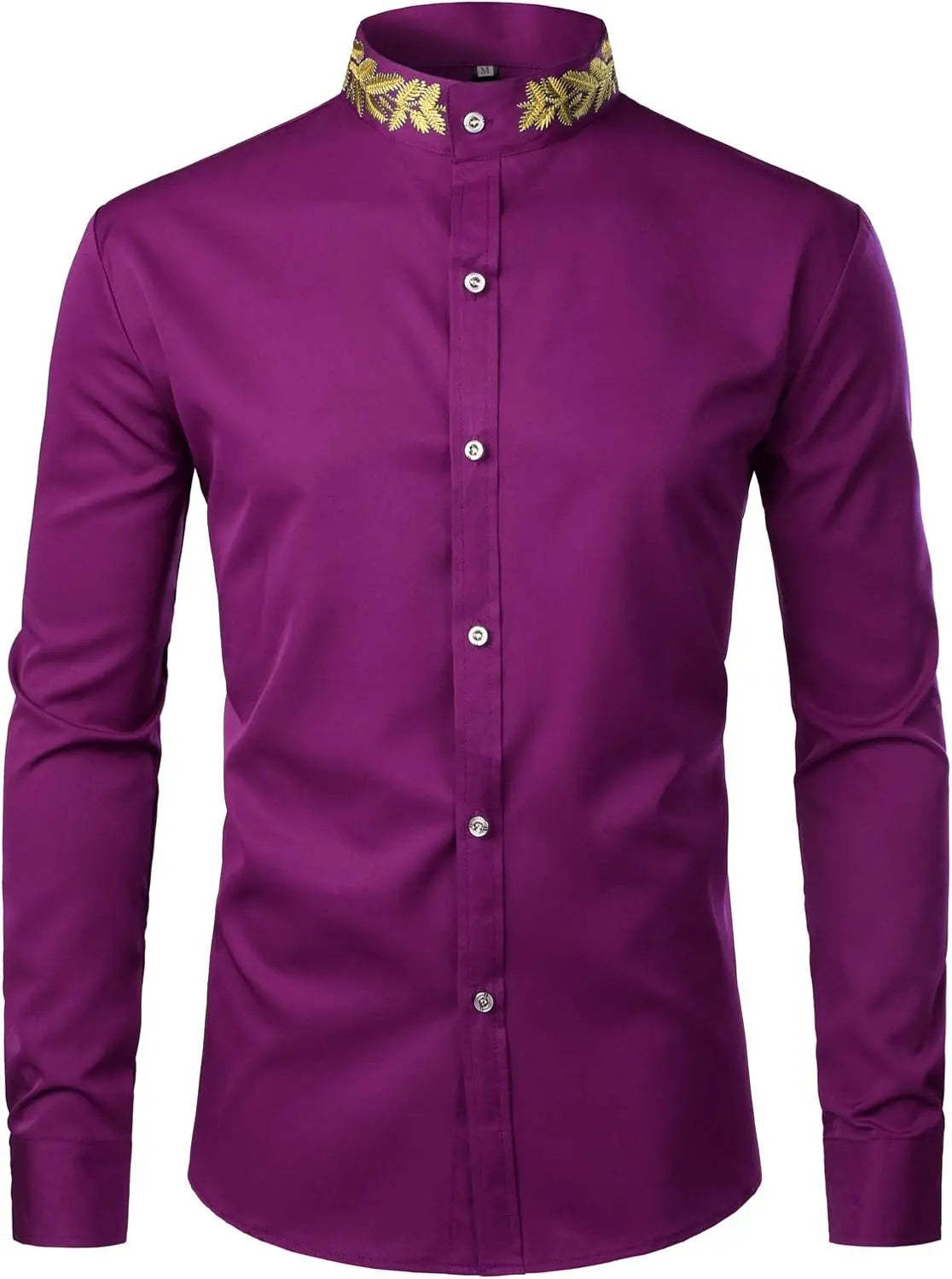 Men's Gold Embroidery Mandarin Collar Slim Fit Long Sleeve Shirt