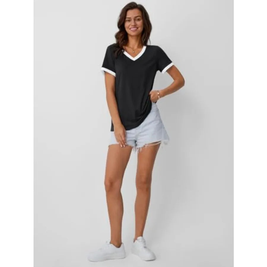 Women Short Sleeve T Shirt Summer Casual Tunic V Neck