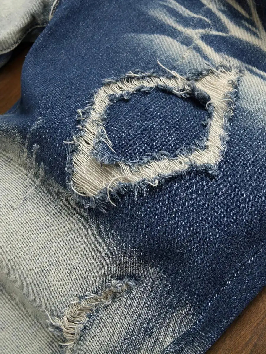 Men's Distressed Denim Shorts Slim Fit Mid Rise Casual