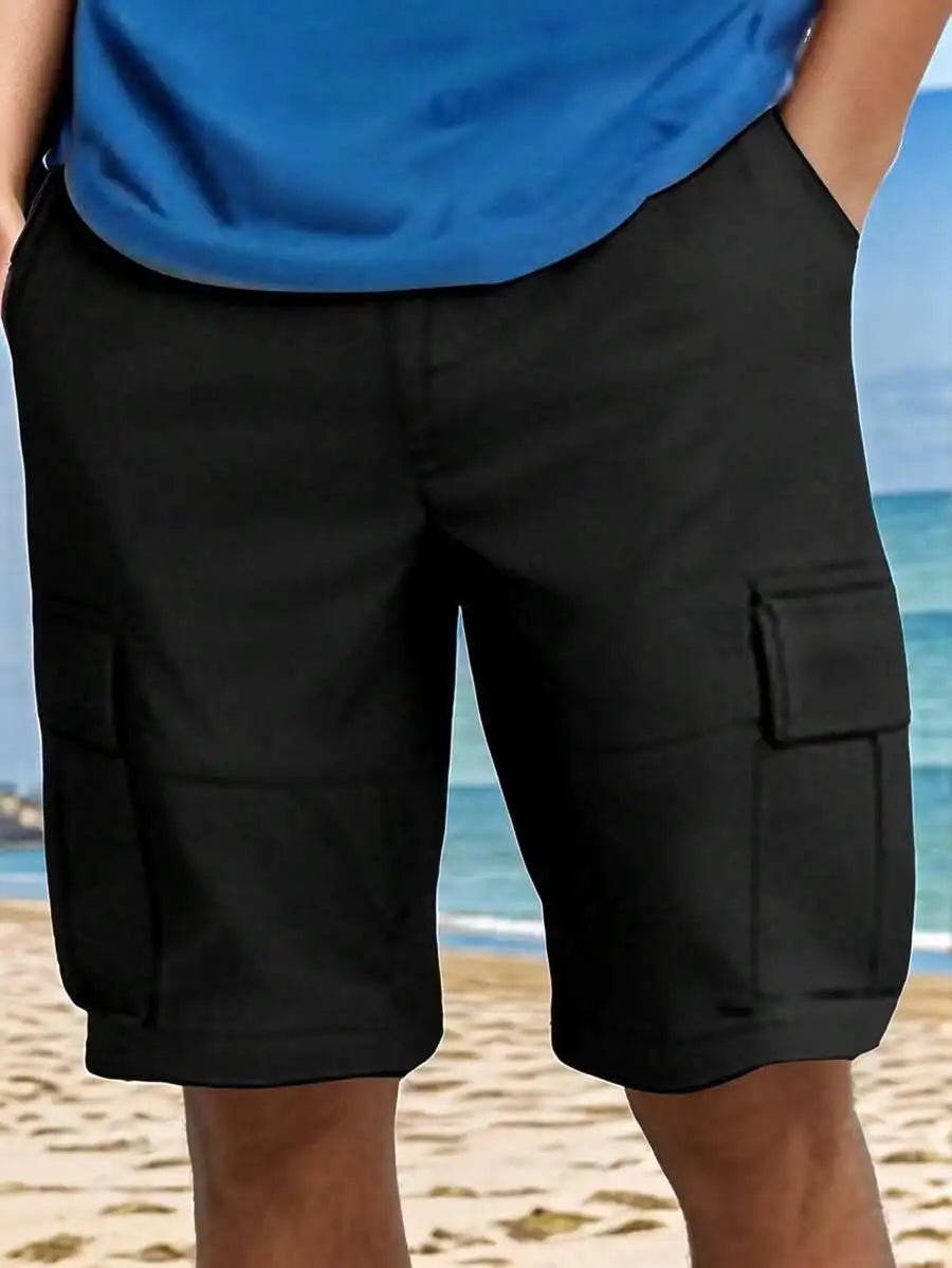 Men's Solid Color Cargo Shorts With Elastic Waist Pockets Summer