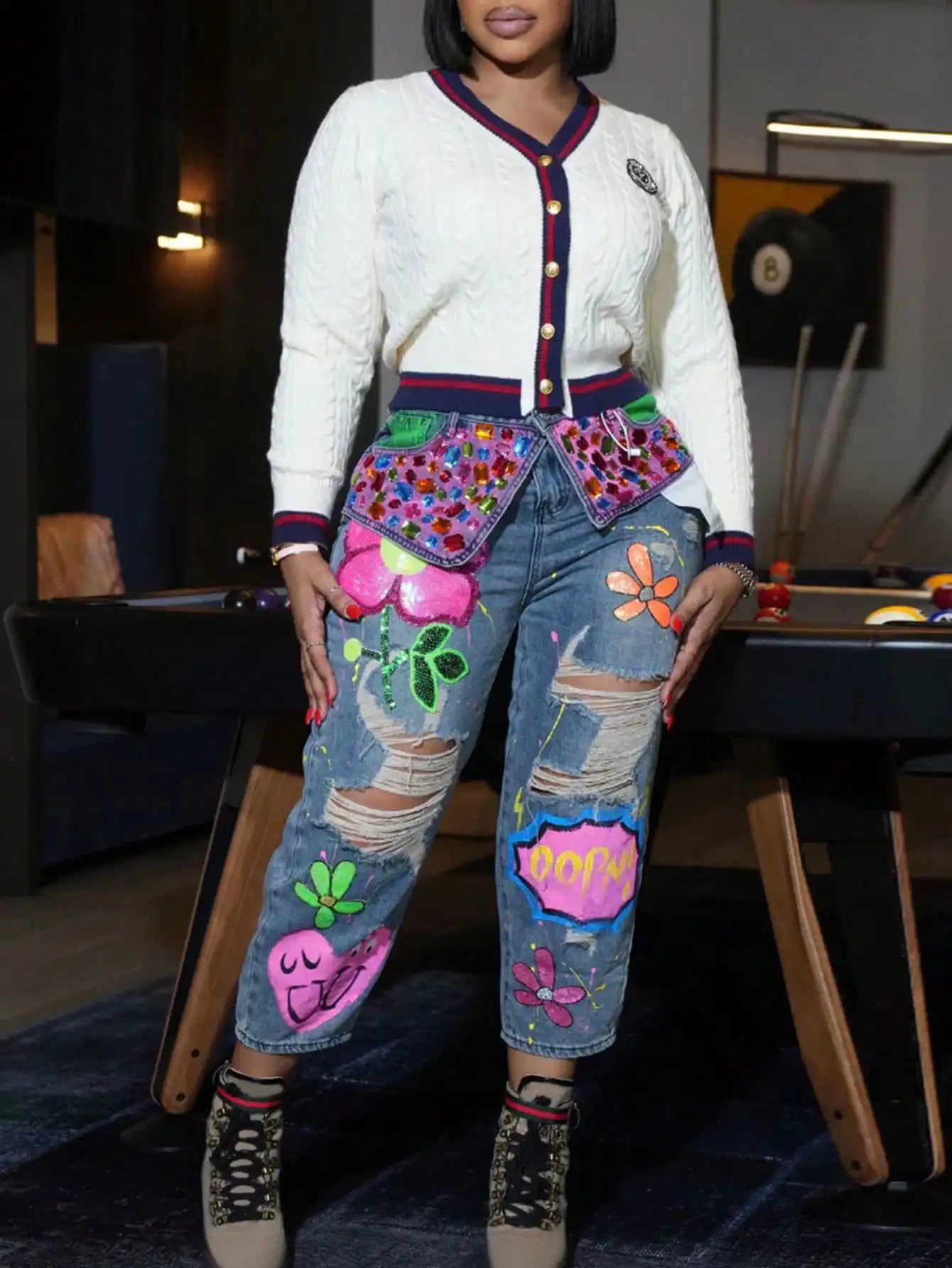 GLOURI Womens Colorful Rhinestone Graffiti Print Pocket Distressed Denim Jeans