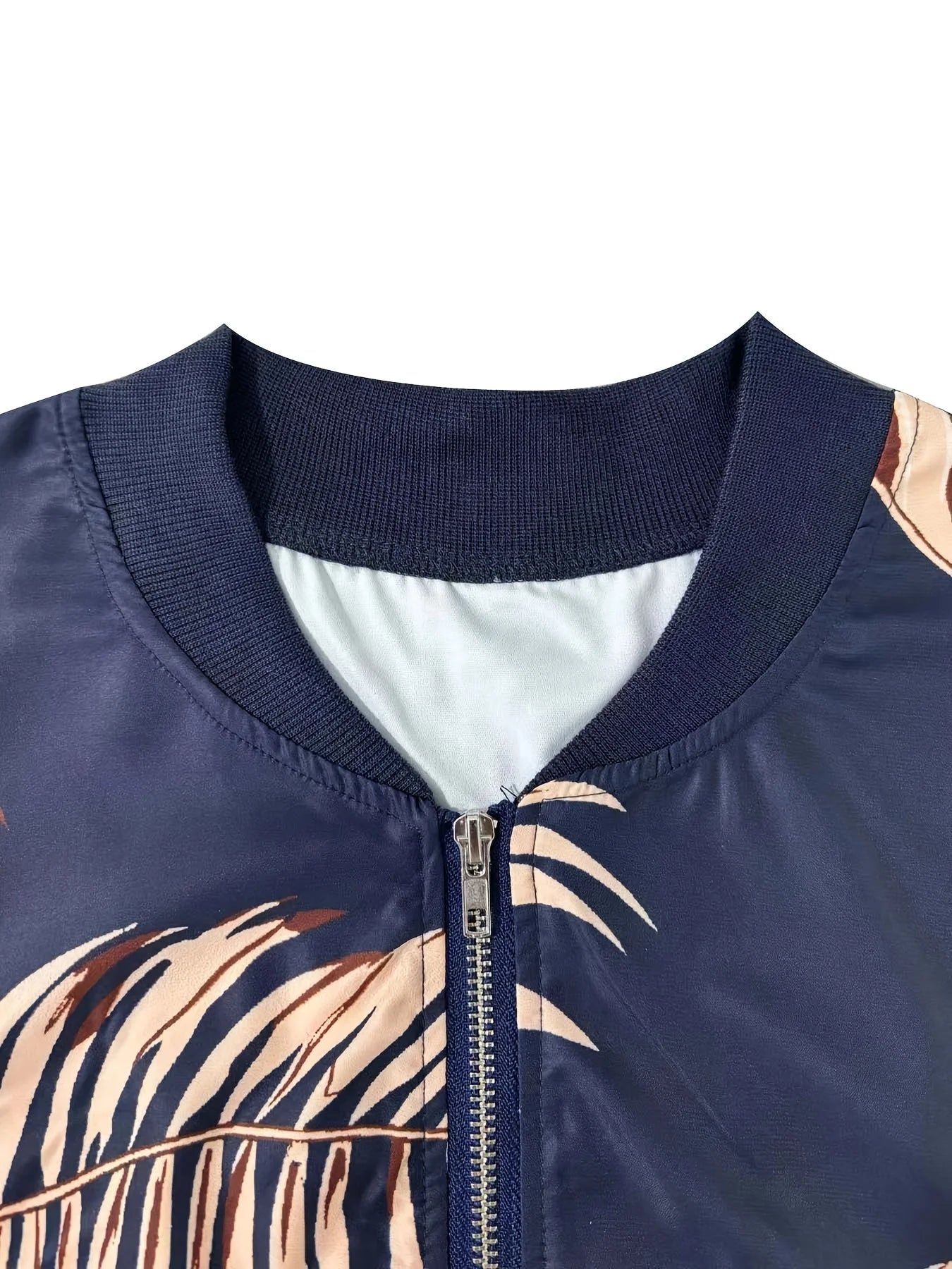 Tropical Plant Print Baseball Jacket With Zipper For Casual Wear