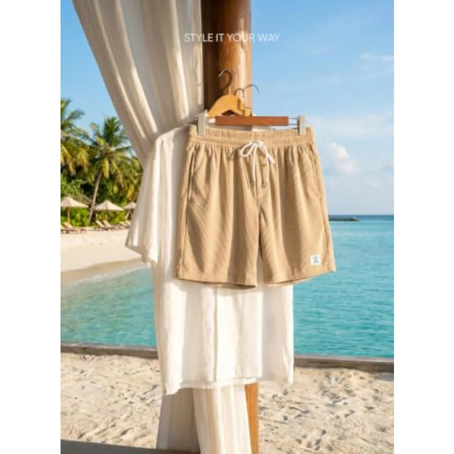 Men's Corduroy Shorts With Elastic Waist Drawstring For Summer Beach