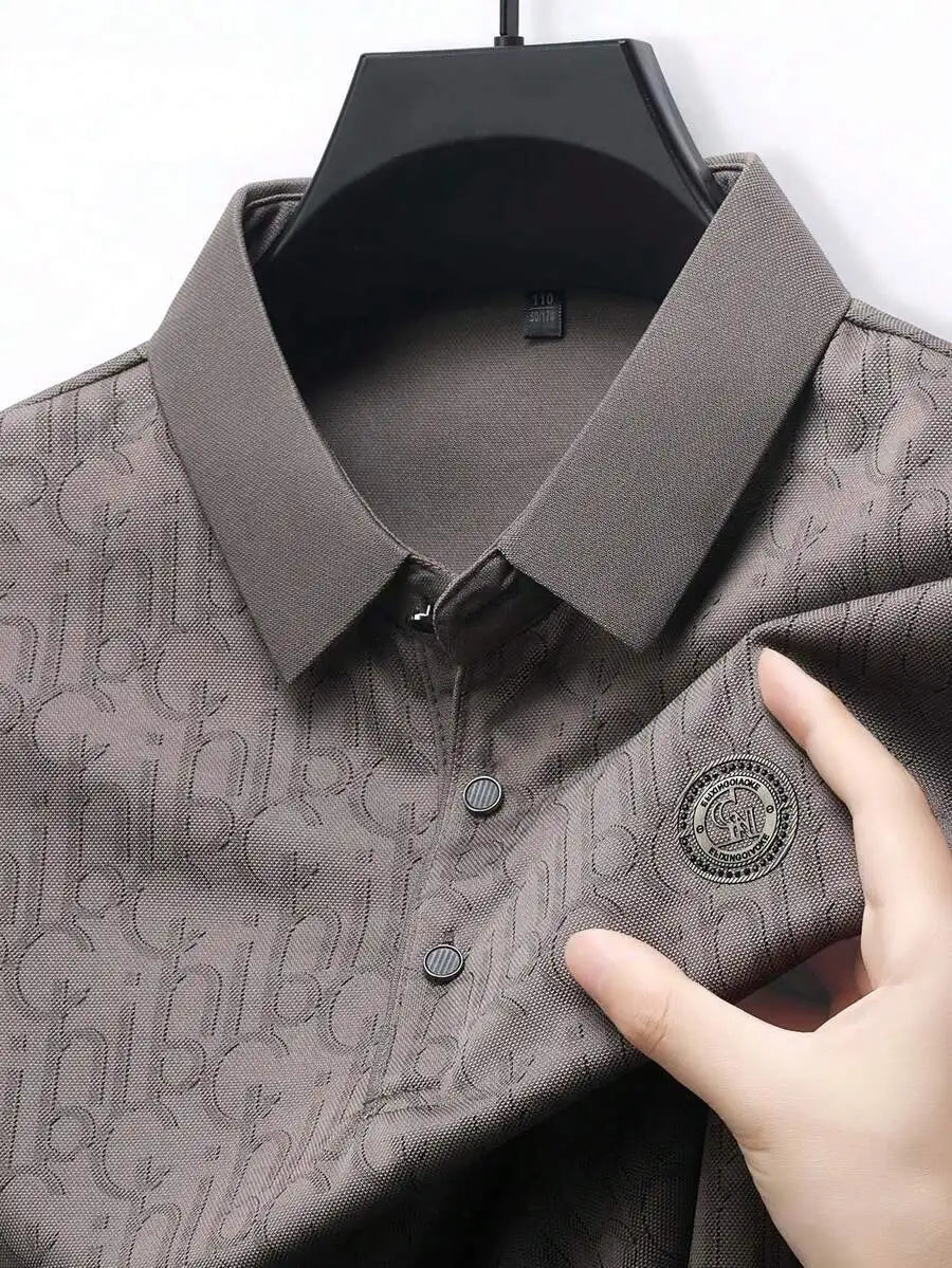 Men's Lightweight Waffle-Textured Letter Print Polo Shirt, Casual Turn-Down Collar