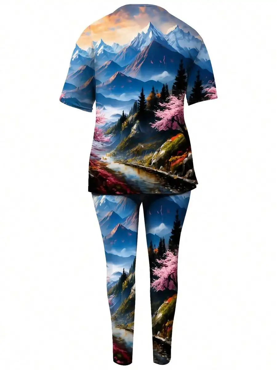 Plus Size Short Sleeve Top And Pants Set Mountain Landscape Print With Pink Trees 2pcs Leisure Sportwear