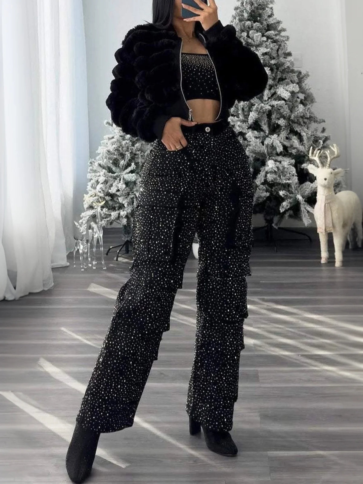 Womens High Waist Rhinestone Multi Pocket Straight Denim Jeans