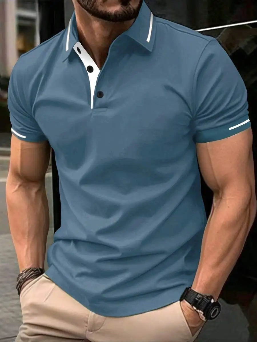 Navy Blue Men's Polo Shirt with Red Trim Collar and Cuffs, Short Sleeve Casual Summer Top