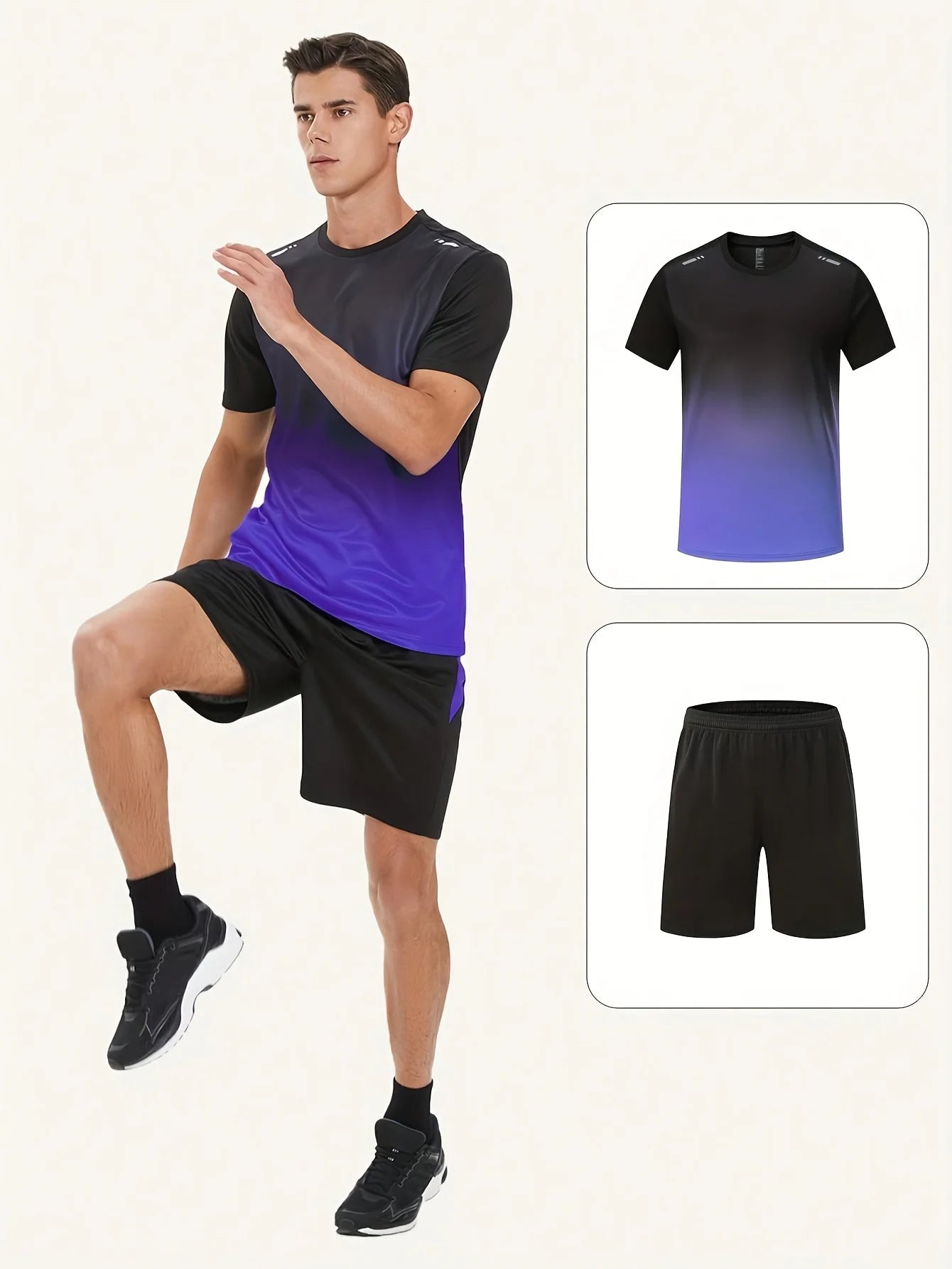 12 pcs color random including 6 T-shirts+6 shorts men's gradient short sleeved shorts breathable and quick drying casual fitnes