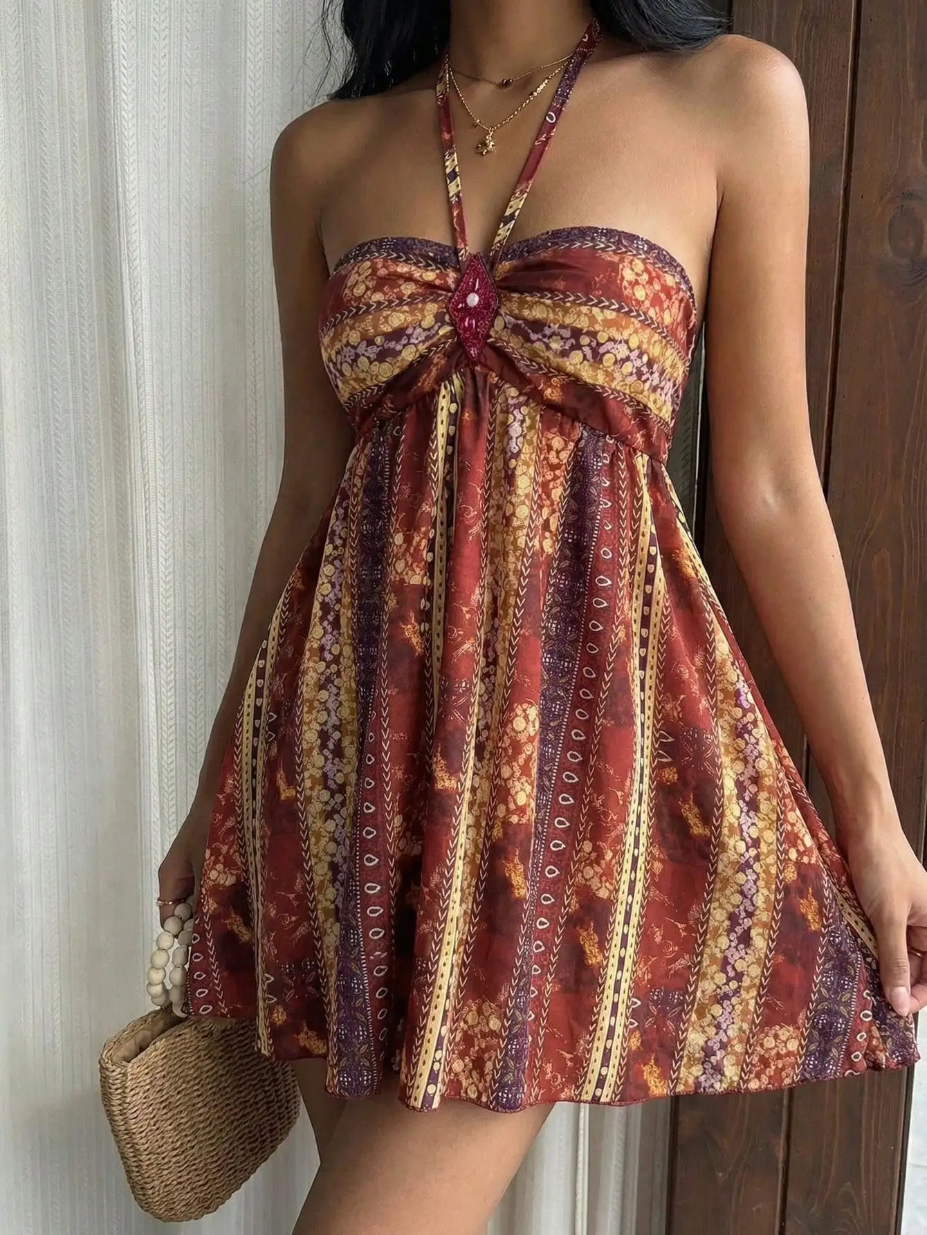 Bohemian Paisley Sequin Halter Party Mini Dress For Women