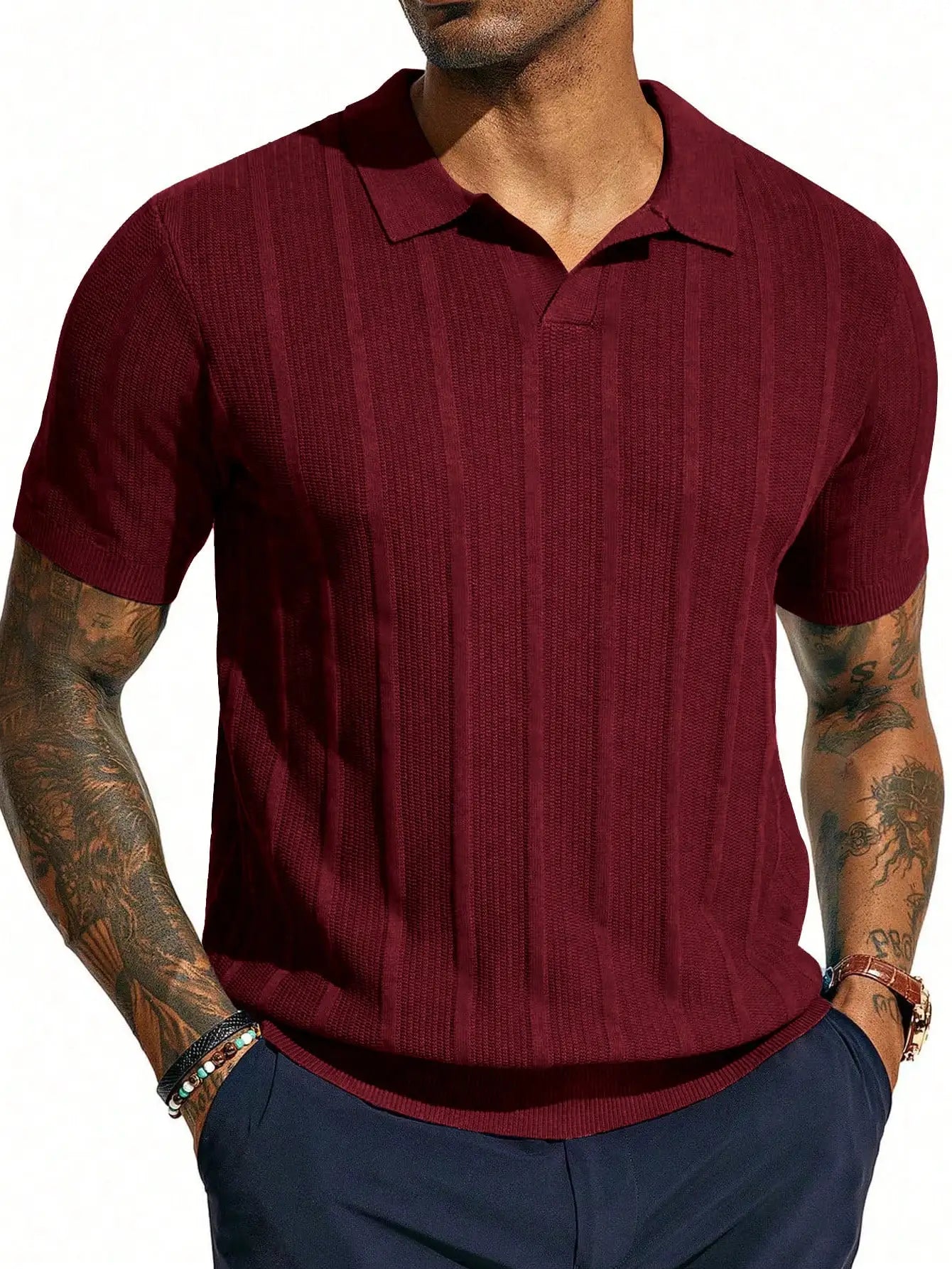 Men's Navy Blue Short - Sleeve Knitted Polo Shirt - Vertical Ribbed Pattern - Comfortable And Stylish For Daily And Smart - Casual Wear