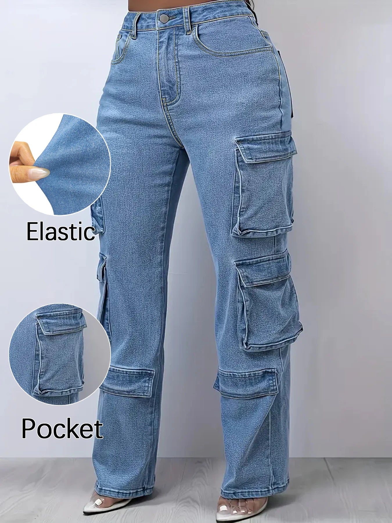 Plus Size Women's Mid Rise Light Wash Cargo Straight Jeans, Multi Flap Pockets, Casual Loose Fit Streetwear Denim Trousers