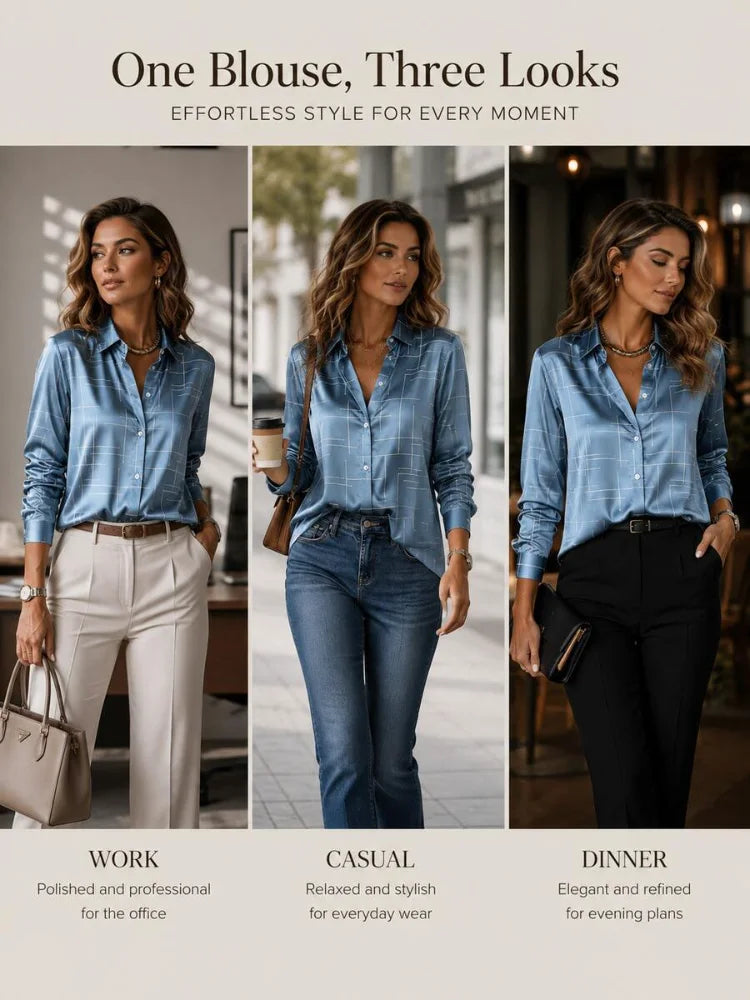 Women's Elegant Printed Satin Long Sleeve Button Down Blouse