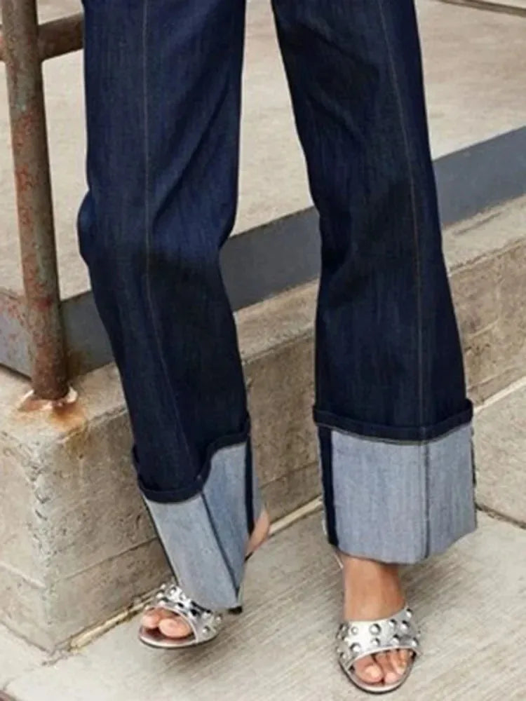 Women's Patchwork Denim Pants High Waisted Straight Leg Trousers