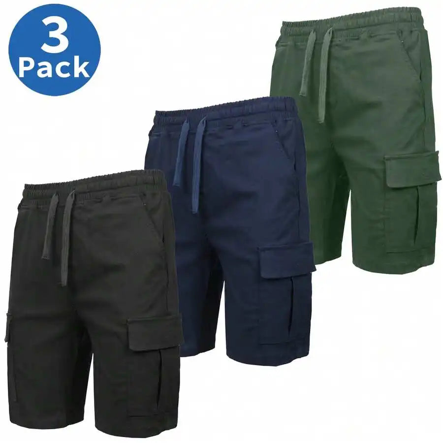 Mens Casual Cargo Shorts Elastic Waist Drawstring Cotton 3 Pack