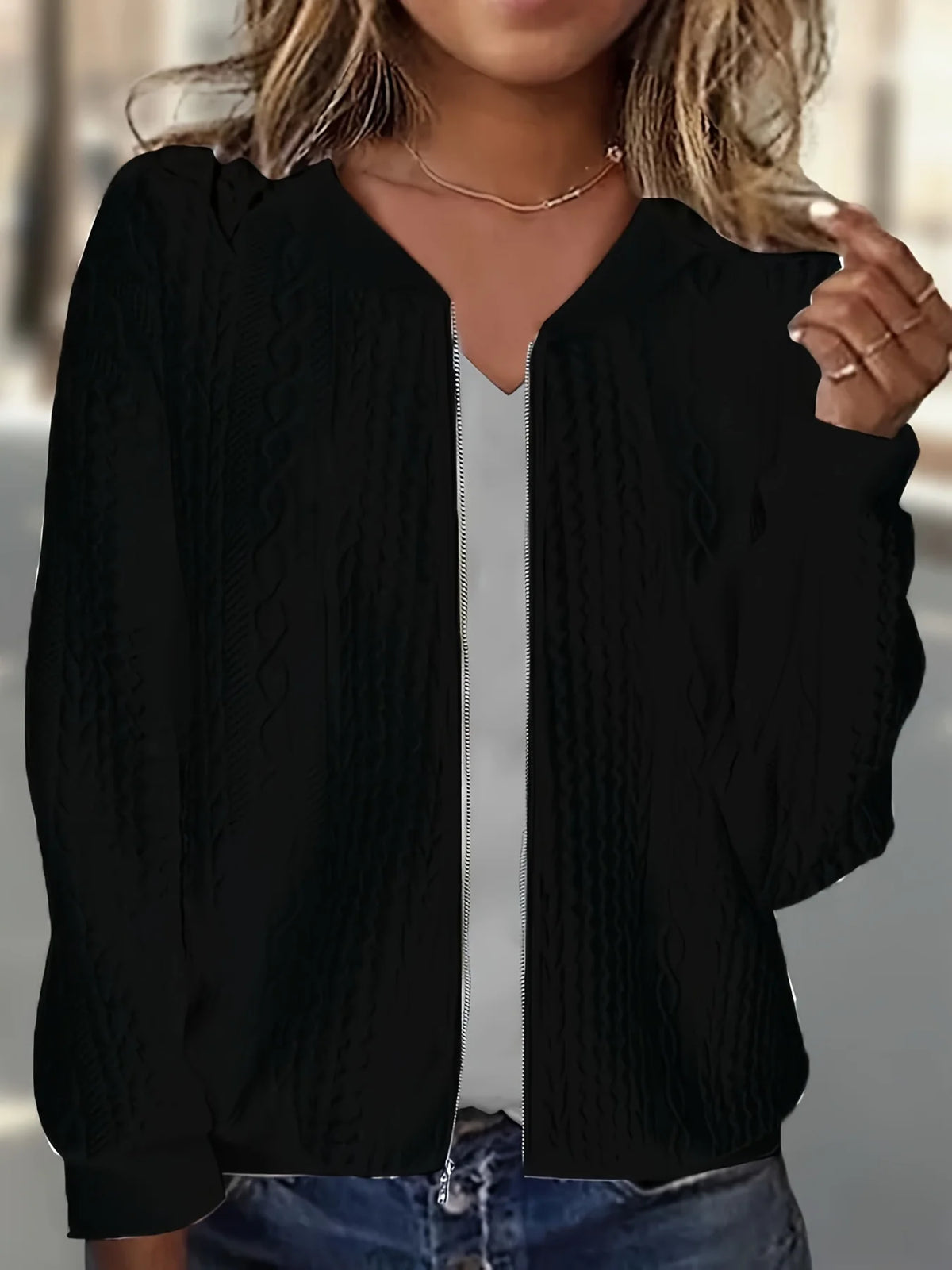 Women Cable Knit Zip Front Cardigan Top For Daily Wear