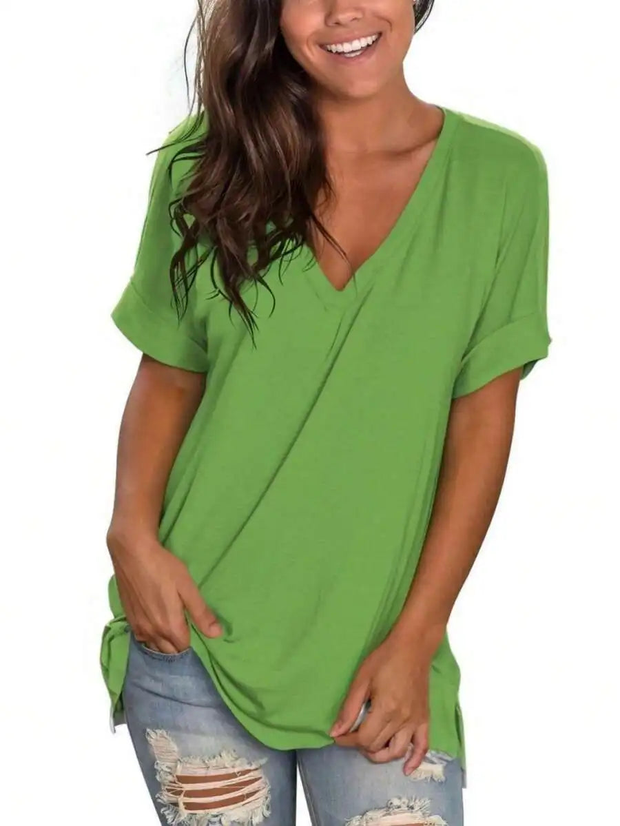 Womens Casual V Neck Short Sleeve Loose Summer Tunic