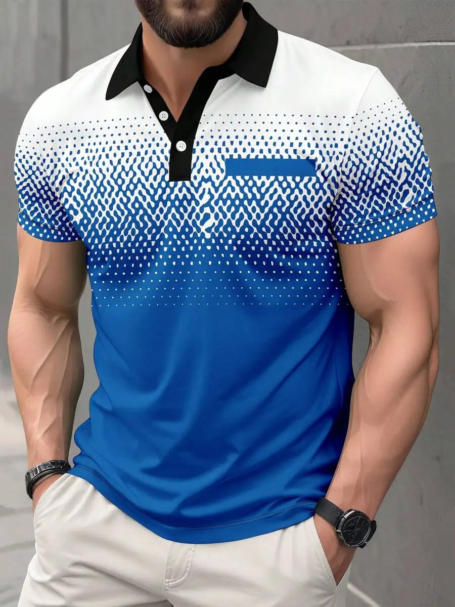 Men's Short Sleeve Polo Shirt with Gradient Dot Pattern, Business Casual Style