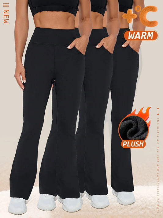 3-Pack High-Waisted Fleece-Lined Yoga Pants, Women'S Slimming Flare Leggings with Pockets, Knit Fabric