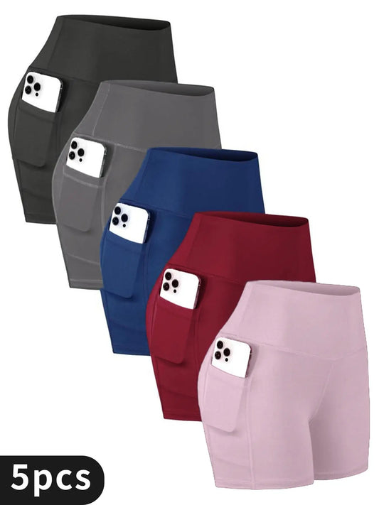 5PC Somen'S High-Waisted Yoga Shorts with Dual Side Pockets, Designed for Tight Fit, Butt-Lifting, Quick-Drying High Elastic