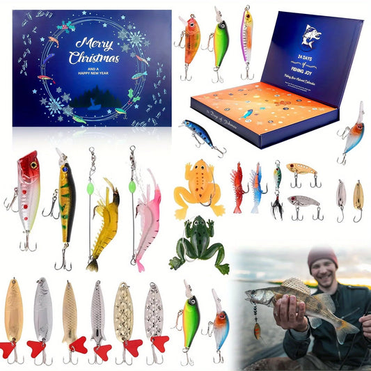 Fishing Lures, Fake Bait Set, 24-Compartment Design, 2025 Christmas Gift Calendar for Boys and Girls, 24-Day Christmas Countdown Calendar Hook Blind Box