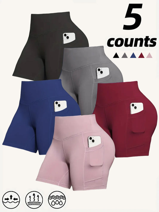 5 Pack Women's High Waisted Biker Shorts with Pockets  - Tummy Control No See-Through Workout Gym Shorts - Super Soft High-Elas