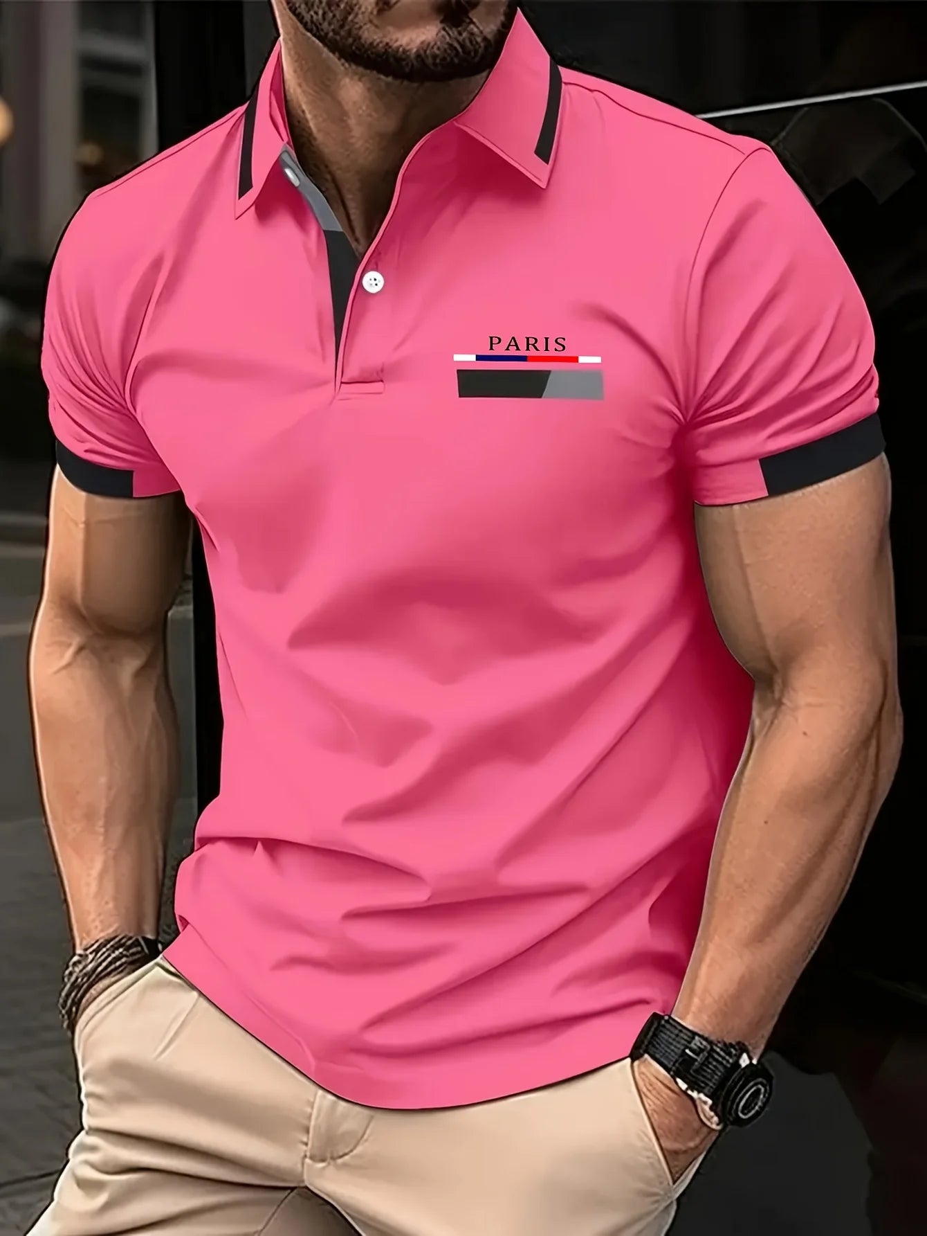 RED SPY Men's Summer Fashion Shirt - Casual Short Sleeve, Button, Paris Logo Print, Vibrant Pink, Black and Red Contrast Collar