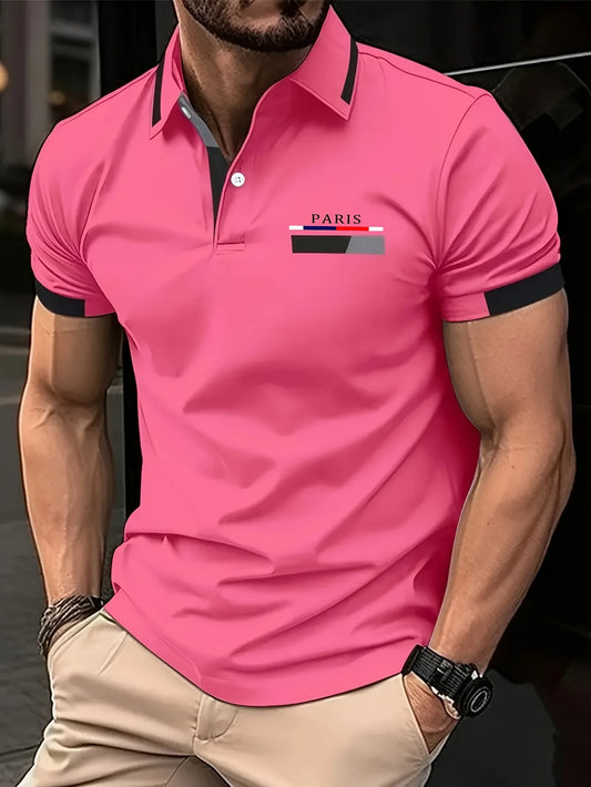 RED SPY Men's Summer Fashion Shirt - Casual Short Sleeve, Button, Paris Logo Print, Vibrant Pink, Black and Red Contrast Collar