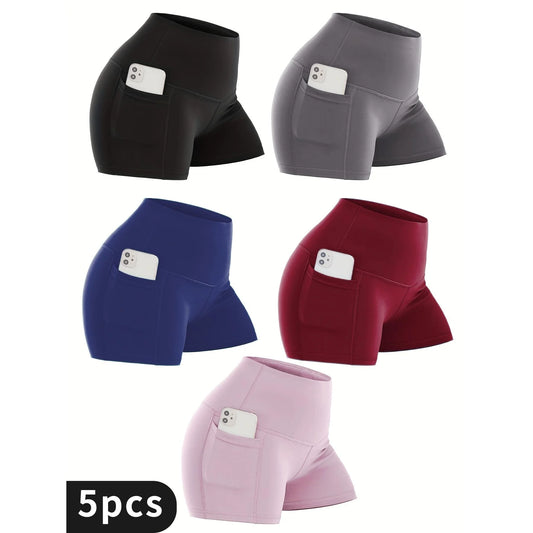 5PC Somen's Pro High-Waisted Yoga Shorts, Designed with Pockets, Maximum Elasticity, Flattering Fit for Strength Training Short