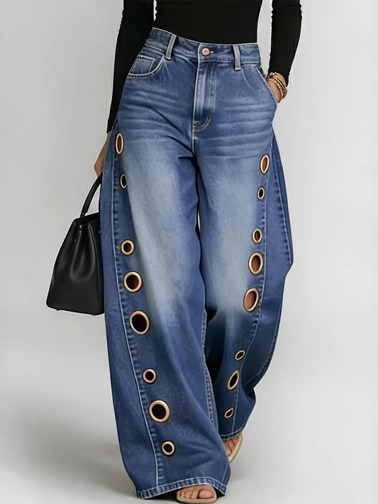 High Waist Wide Leg Denim Jeans With Decorative Metal Eyelets