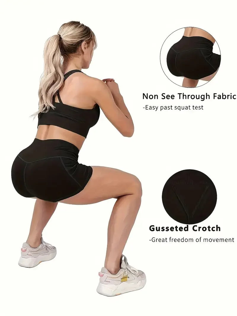 5PC Somen'S High-Waisted Yoga Shorts with Dual Side Pockets, Designed for Tight Fit, Butt-Lifting, Quick-Drying High Elastic