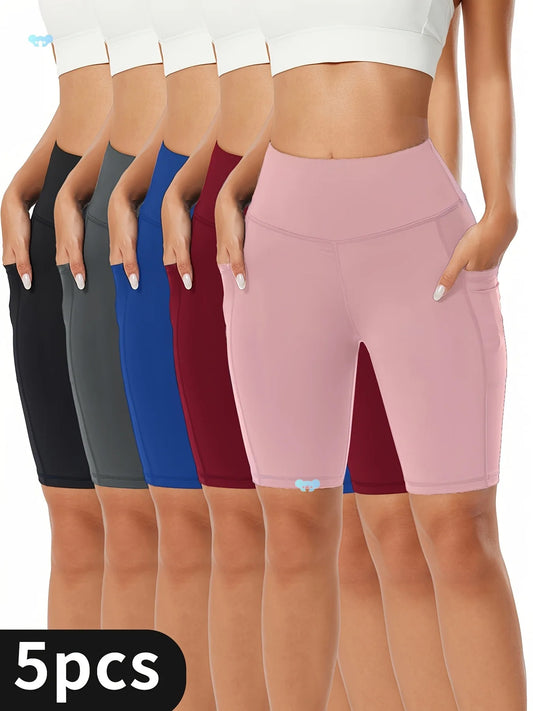5-Pack High Waist Shorts, Stretch Quick-Drying Breathable with Pocket Design, Wide Hem Without Curling, Super Soft Tummy Control