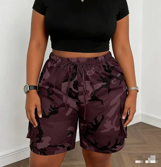 Women Casual Drawstring Cargo Shorts With Large Side Pockets