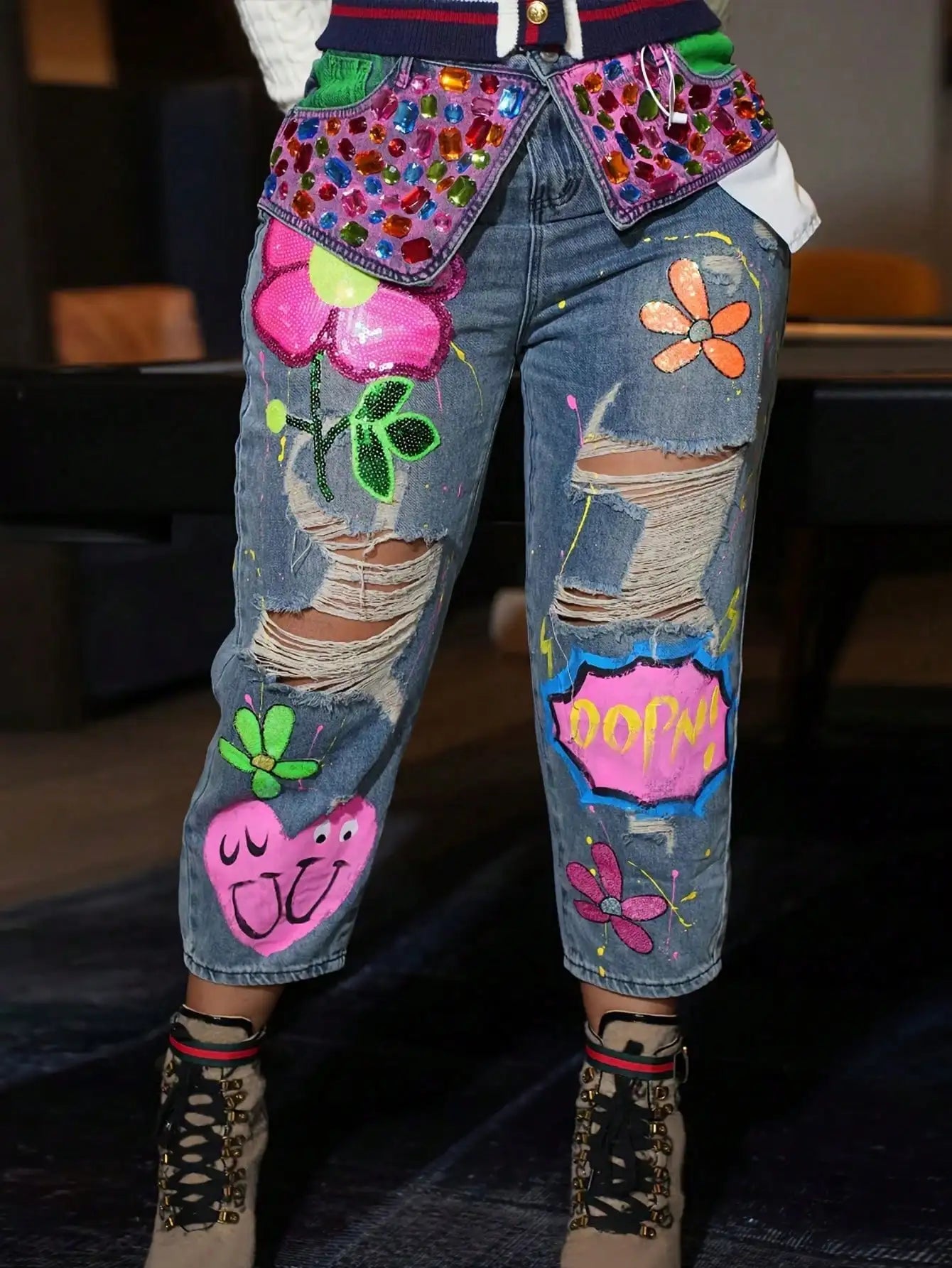 GLOURI Womens Colorful Rhinestone Graffiti Print Pocket Distressed Denim Jeans