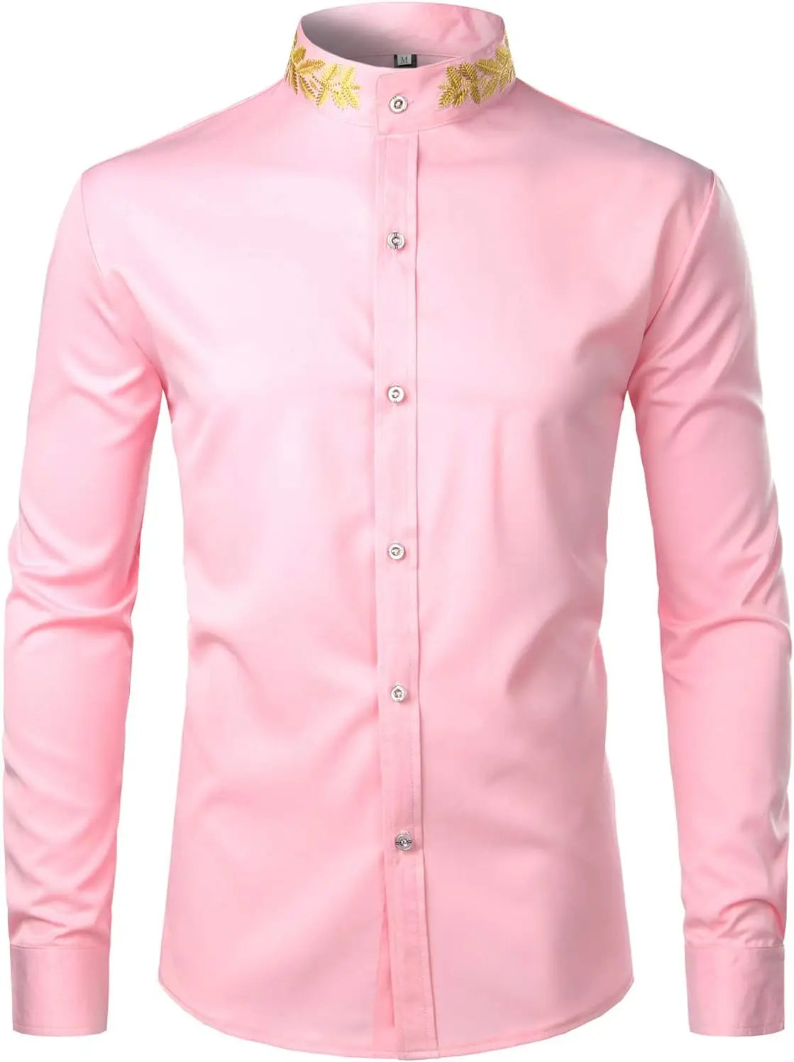 Men's Gold Embroidery Mandarin Collar Slim Fit Long Sleeve Shirt