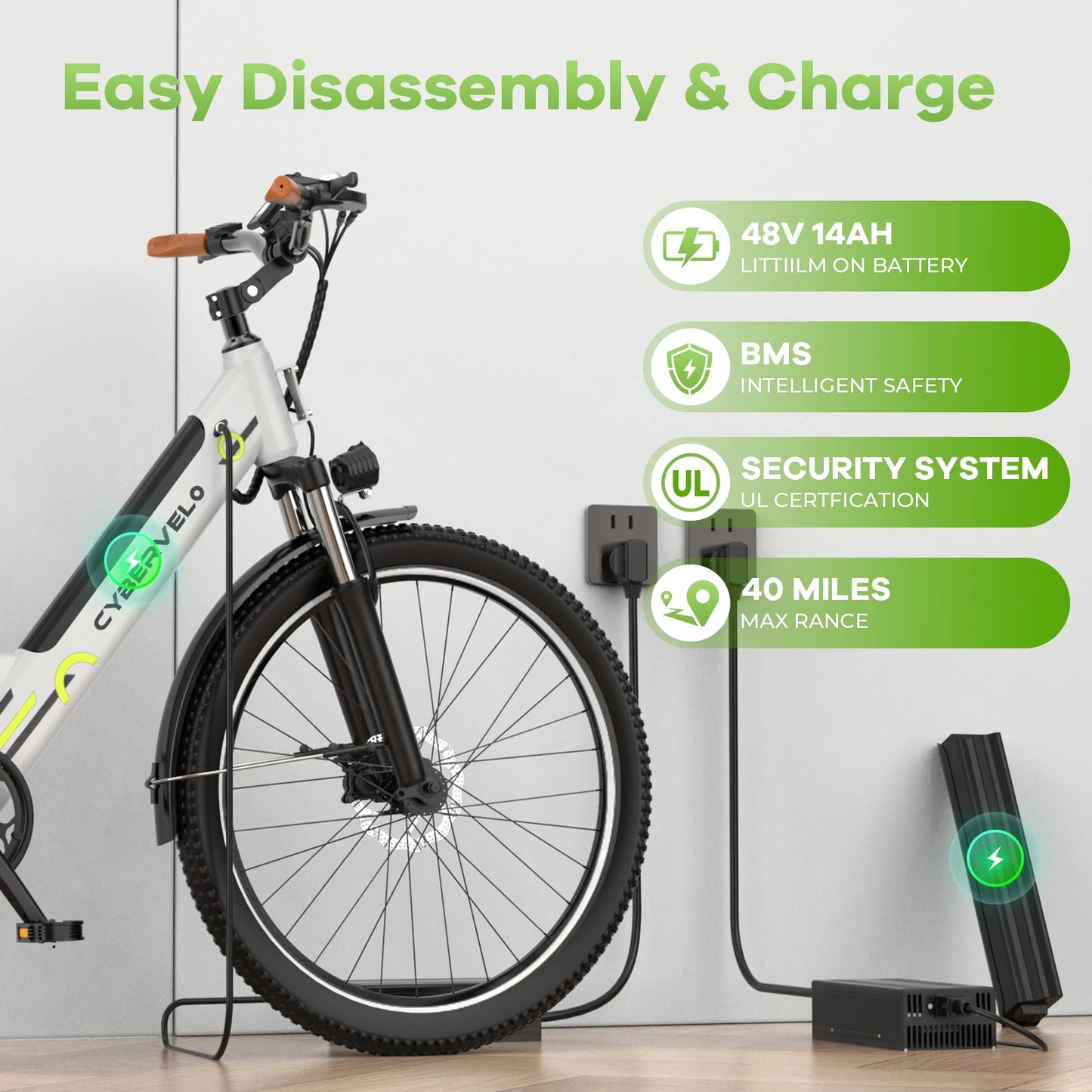 1000W Peak Electric Bike for Adults Cybervelo EK2 26" Step-Thru 14Ah Removable Battery 80Miles City Commuter Ebike