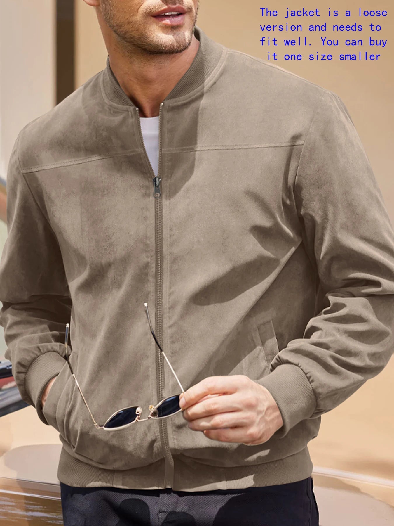 Men's suede nap fabric casual jacket Round neck zipper Solid color Sport Bomber Jacket Casual edition sports and golf fashion