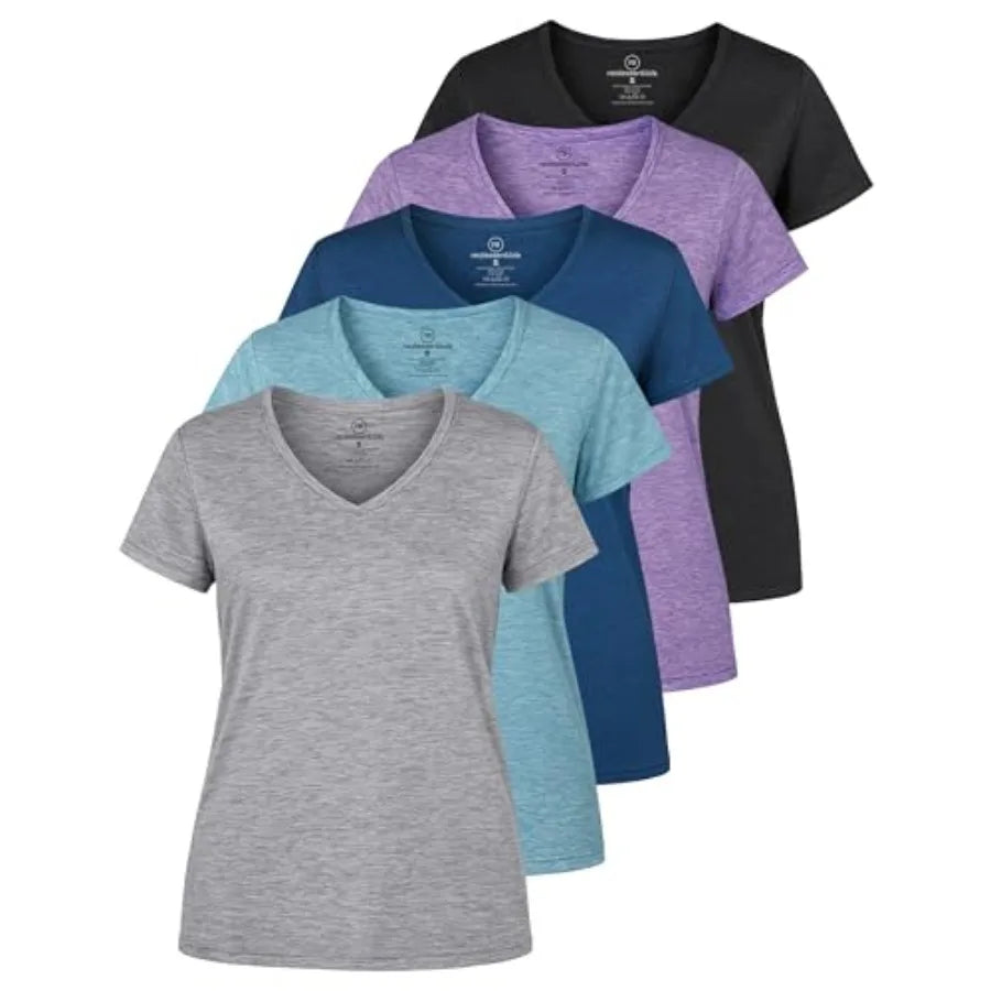 Real Essentials 5 Pack: Women's Dry-Fit Short Sleeve V Neck T Shirt Workout Fitness Yoga Top Tee Available in