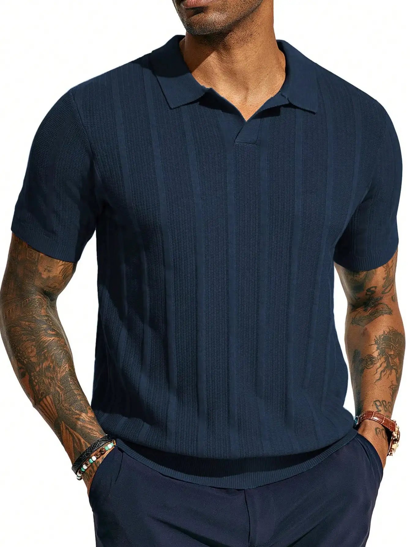 Men's Navy Blue Short - Sleeve Knitted Polo Shirt - Vertical Ribbed Pattern - Comfortable And Stylish For Daily And Smart - Casual Wear