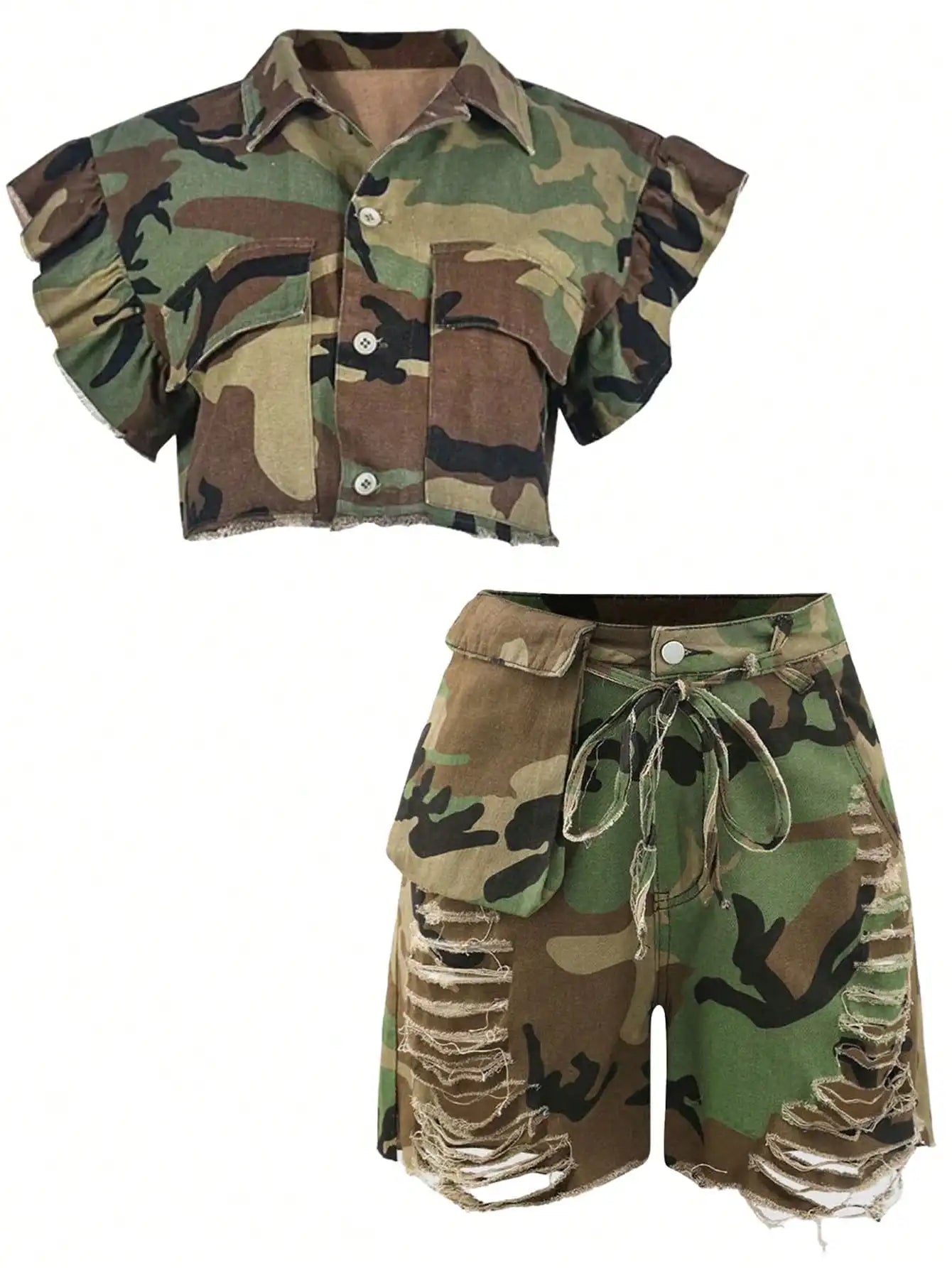 GLOURI Camo 2-Piece Summer Set With Belted High-Waisted Shorts