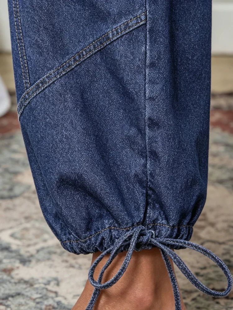 Women's High Waist Loose Fit Denim Jeans With Drawstring Cuffs
