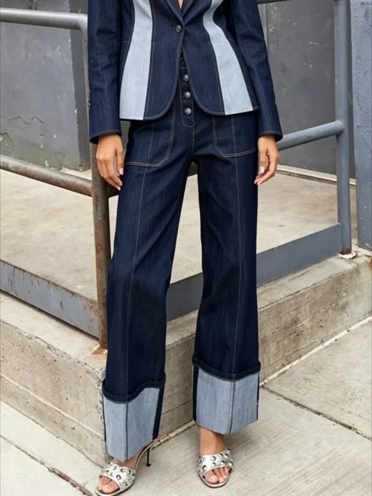 Women's Patchwork Denim Pants High Waisted Straight Leg Trousers